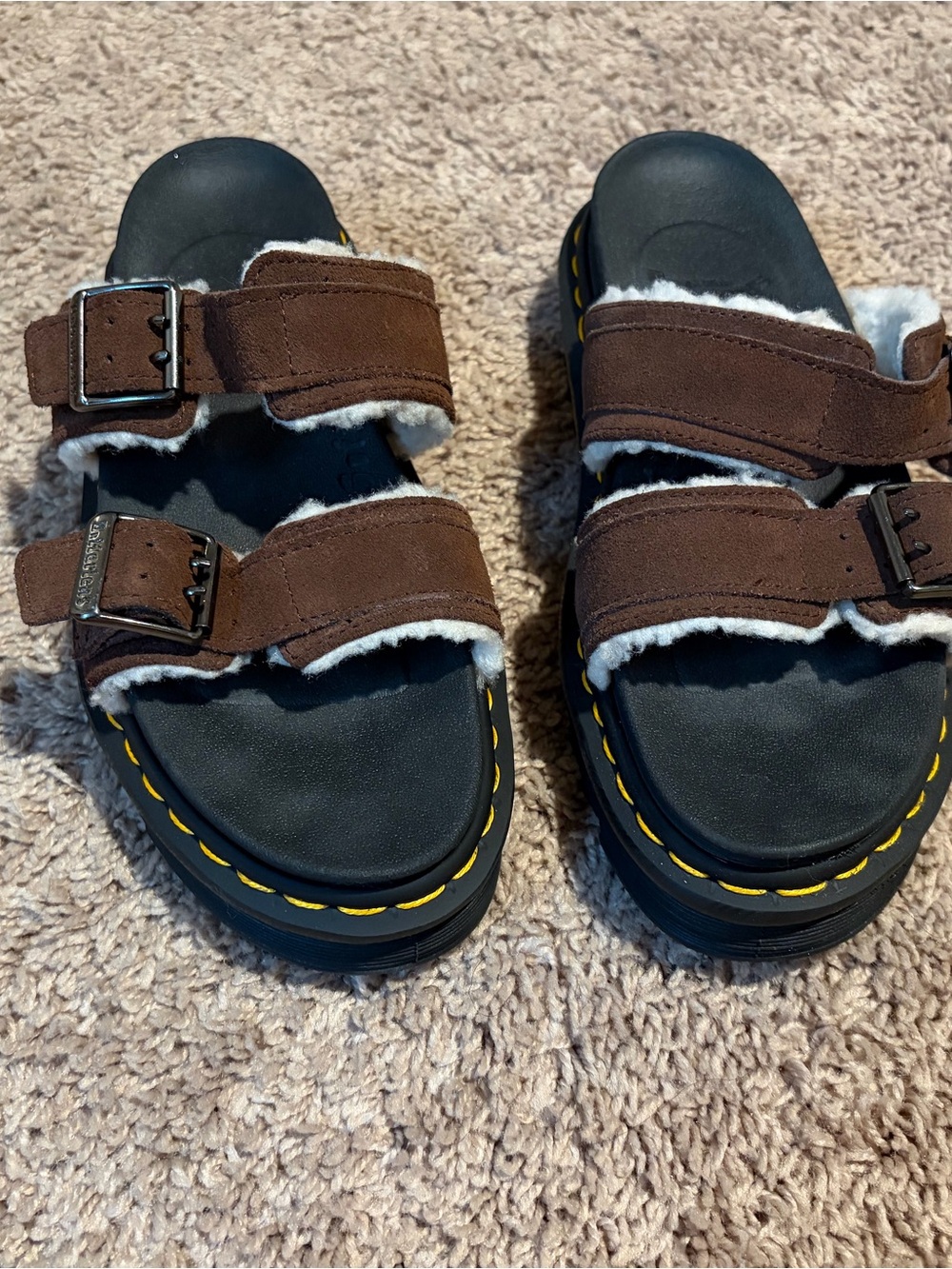 Dr. Martens Kids Brown Suede Shearling Buckle Sandals with Yellow Stitching